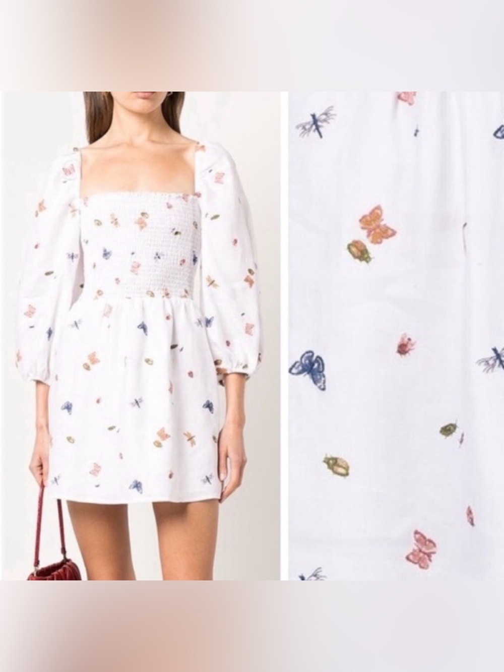Reformation White Smocked Mini Dress with Multicolor Butterfly Print / Greyson